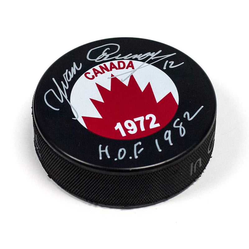 Yvan Cournoyer Team Canada Autographed 1972 Summit Series Puck with HOF Note