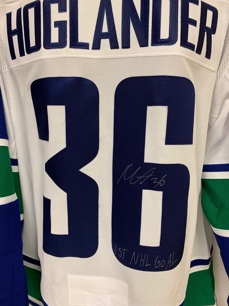 Nils Hoglander Signed White Away Canucks Jersey w/1st Goal Inscription